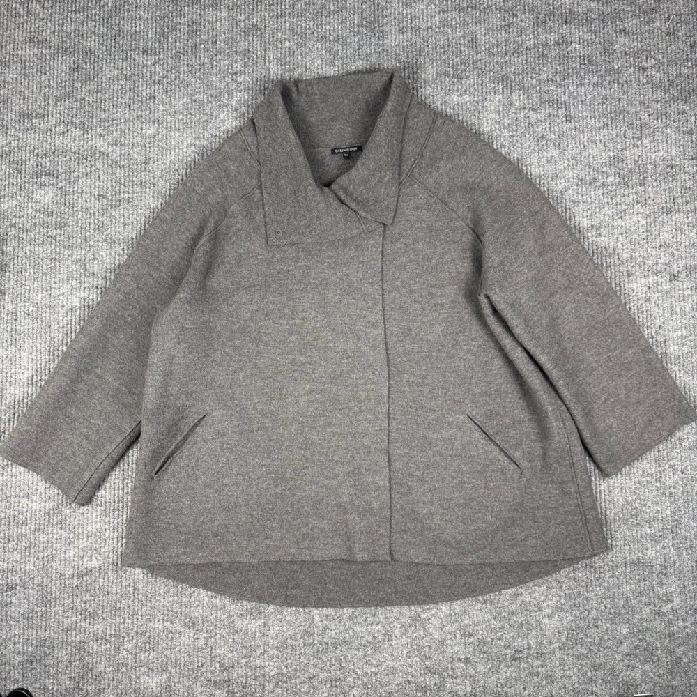 Eileen Fisher Boiled Wool Jacket Womens XL Gray Funnel Neck Snap Front Pockets